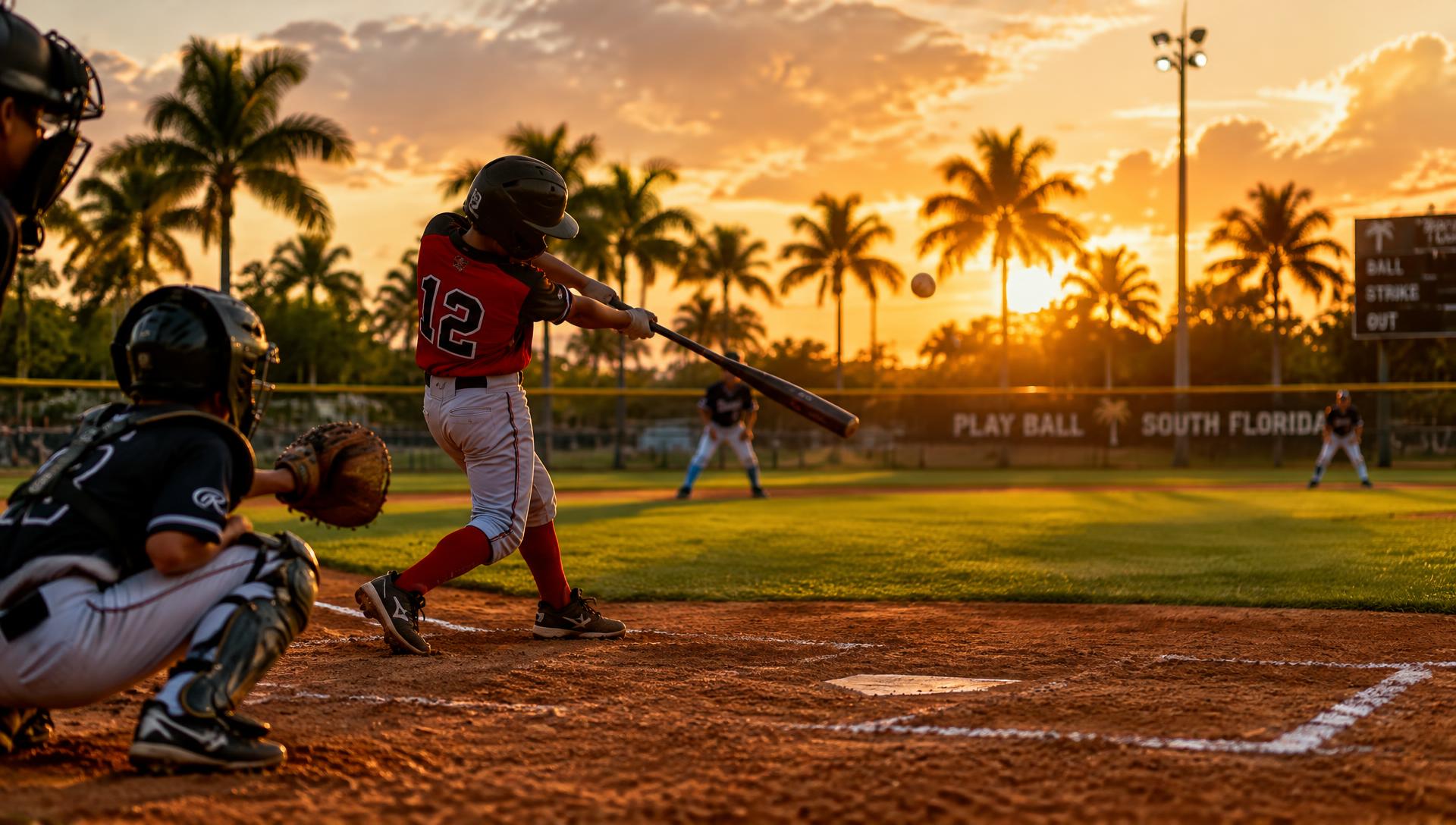 Youth baseball player swinging at sunset in South Miami